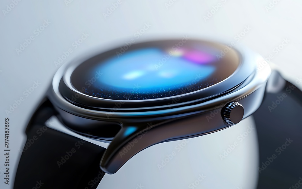 Poster futuristic smartwatch technology in 2025: holographic display and advanced features on simple backgr