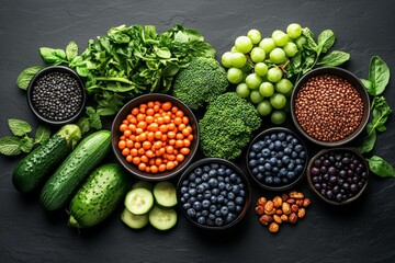 Healthy green ingredients, including avocado, peas, spinach, and legumes, arranged on a dark surface, showcasing a vibrant and nutritious selection.