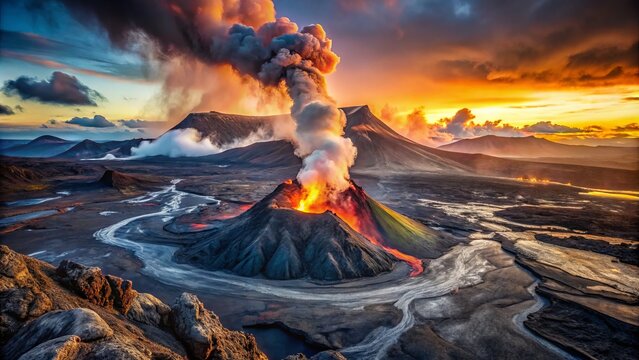 Erupting volcano's rugged landscape features a sprawling caldera, steep slopes, and jagged rock formations, with lava