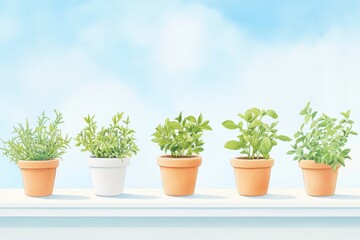 Obraz premium A serene collection of potted herbs basking in sunlight against a bright blue sky, perfect for home or garden decor inspiration.