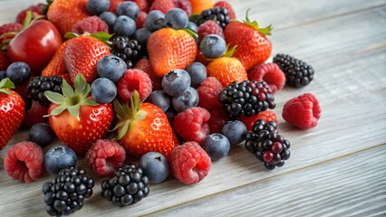 Fototapeta premium Fresh berries on rustic wooden table, antioxidant-rich immune-boosting superfoods