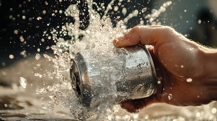 Fototapeta premium Hand Smashing a Can: A hand smashing an aluminum can, with the can crumpling and liquid spilling out. 