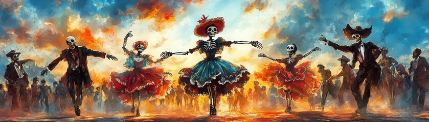 Fototapeta premium Day of the Dead Skeleton Dance Party Painting