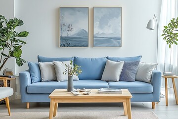 Modern living area with light pine furniture and a pastel blue couch.