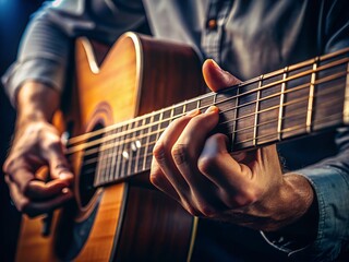 Obraz premium Fingers pressing strings on fretboard, forming a complex chord shape, with dimly lit background and shallow depth of