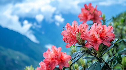 Obraz premium A close-up of vibrant Rhododendron flowers growing on a mountainside in the Himalayas, known for their medicinal properties 