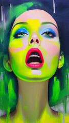 Obraz premium T-shirt print, print on the dress, brat, love, art, face, woman, beauty, flag, fashion, make-up, mask, close-up, model, eyes, head, expression, skin, look, black, sensuality, people, glamour, 