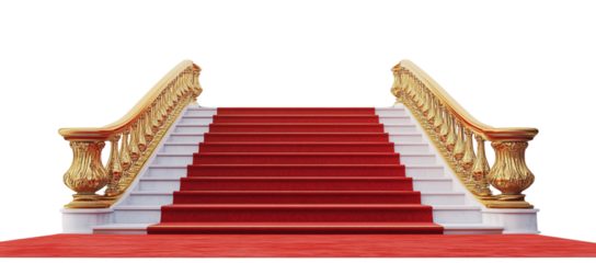 3D rendering of a red carpet and stairs with a golden railing, isolated on a white background
