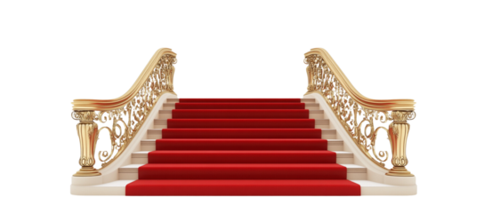 3D rendering of a red carpet and stairs with a golden railing, isolated on a white background