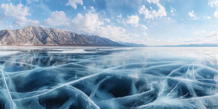 Lake in the mountains. Winter Ice Cracks Pattern