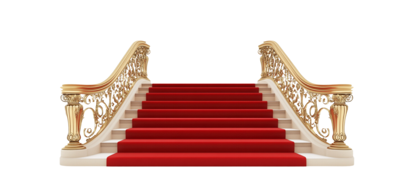 3D rendering of a red carpet and stairs with a golden railing, isolated on a white background