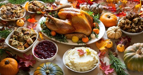 Thanksgiving dinner table, Roasted turkey and traditional side plates
