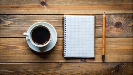 Top view of a notebook, pencil, and cup of coffee on a wooden table