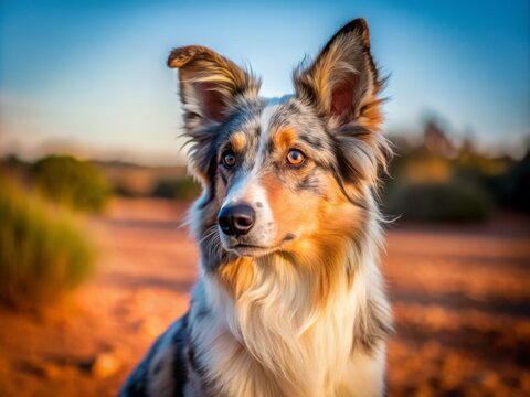 Fluffy blue merle Australian Koolie dog stands alert on sun-kissed outback terrain, ears perked, gazing into the