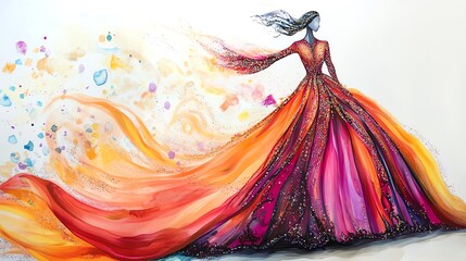 Produce an elegant, vibrant fashion illustration in a frontal view, showcasing a meticulously detailed evening gown with intricate beadwork and flowing silk fabric