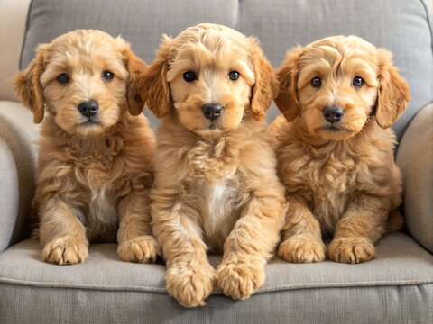 Fluffy, playful, and irresistibly cute, a trio of adorable mini goldendoodle puppies snuggle together, showcasing their