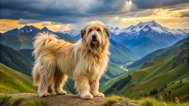 Fluffy, rustic Armenian Gampr dog with thick coat, floppy ears, and gentle eyes stands proudly in a scenic
