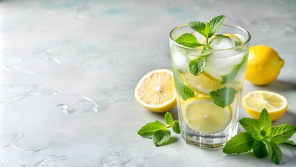 Fototapeta premium Lemon water with mint and ice on light background, immune-boosting and refreshing drink