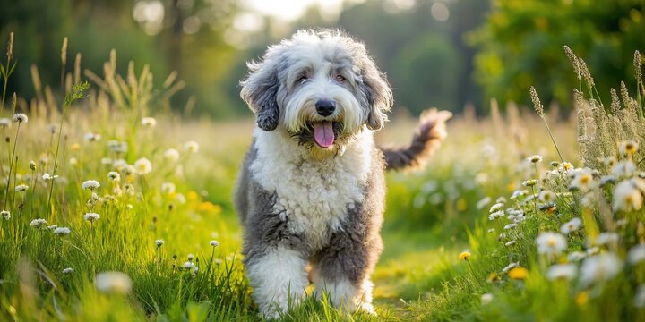 Fluffy, curly-coated sheepadoodle hybrid dog walks in a lush green meadow, ears perked up, and tail wagging, surrounded