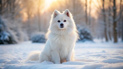 Fototapeta premium Fluffy white Eskimo Spitz dog with erect ears and curled tail, sitting on a snowy winter landscape, looking