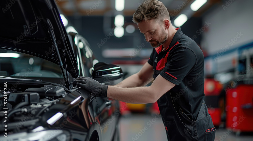 Aufkleber focused auto mechanic conducting engine diagnostics in a workshop, emphasizing precision and attenti