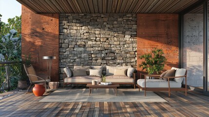 A serene outdoor porch with a cozy seating area, wooden flooring, a rustic stone wall, potted plants, and a peaceful ambiance in the afternoon light.