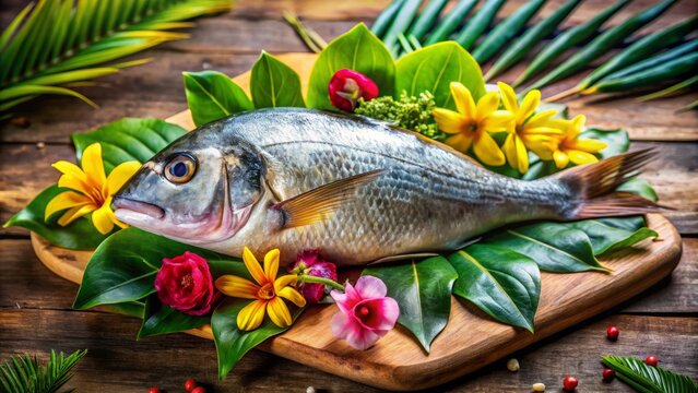 Freshly caught mojarra fish lying on a rustic wooden table, surrounded by bursts of colorful tropical flowers and