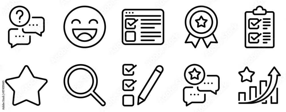 Poster survey icon set analytical line style collection for data collection and feedback