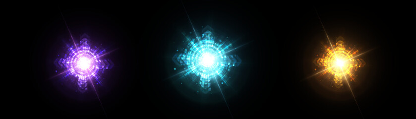 Bright colorful light effects set. Futuristic glow effect for game interface design. Energy universe aura, bright glow, disco glare, space explosion, illuminated stage.	

