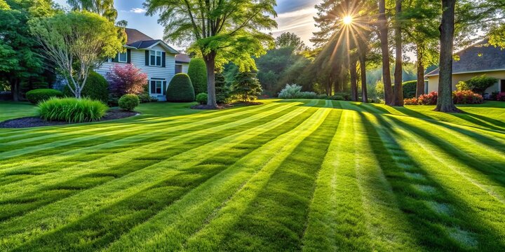 Freshly mowed lawn with neat stripes, verdant green blades, and a scattering of clippings, illuminated by warm