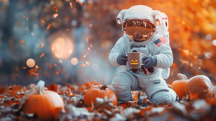 Astronaut in a space suit holding a cup with hot beverage and drinking pumpkin latte coffee. Autumn, thanksgiving and halloween food and beverages creative background concept with pumpkins and leaves.