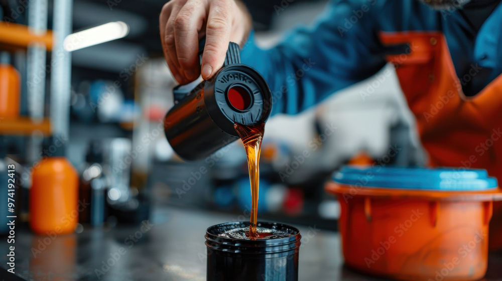 Poster close-up of a mechanic pouring engine oil into a container during routine car maintenance, emphasizi