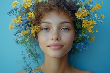 Portrait of a woman with curly hair adorned with blue and yellow flowers, radiating natural beauty and freshness.