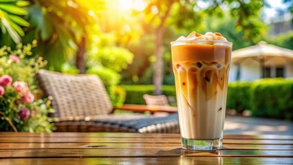 Iced caramel macchiato served on a sunny patio, perfect for indulgent relaxation and enjoyment