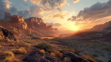 Capture a grand, majestic mountain range at sunrise in a wide-angle view, emphasizing vastness and serenity Utilize CG 3D techniques for photorealistic rendition