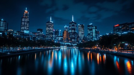 Naklejka premium Capture a glowing cityscape at night from eye-level, emphasizing city lights reflecting in the river