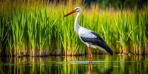 Fototapeta premium Amidst a tapestry of emerald green reeds, a towering bird with a snowy-white and sleek-black plumage stands tall,