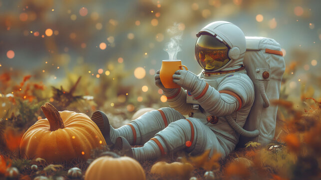 Astronaut in a space suit holding a cup with hot beverage and drinking pumpkin latte coffee. Autumn, thanksgiving and halloween food and beverages creative background concept with pumpkins and leaves.