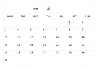 Simple calendar for March 2025, vector, template