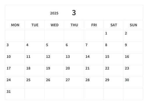 Simple calendar for March 2025, vector, template