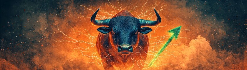 Financial Success Surge - Digital Illustration of Bull Conquering Market with Equities Staircase, Lightning Volatility, and Performance Indicators.