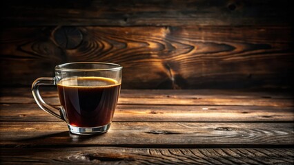 Fototapeta premium Dark coffee in a clear glass mug sitting on a rustic wooden table