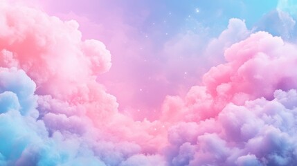 A soft pastel background adorned with light clouds creates a dreamy atmosphere