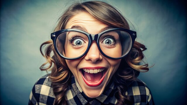 A playful photo showcases a person's comical face while donning oversized and whimsical glasses, exuding a lighthearted