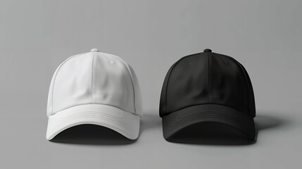 Stylish Black and White Baseball Caps Mockup on Gray Background for Fashion Branding, Custom Headwear Design, and Professional Product Presentation in Minimalist Setting