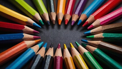 A collection of color pencils arranged in a star format 