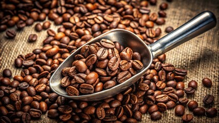 Fototapeta premium Coffee beans in a metal scoop, perfect for coffee lovers and baristas