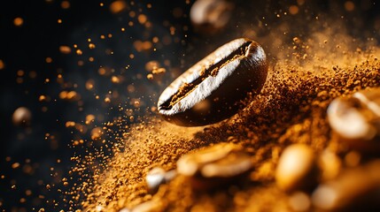Design a detailed close-up image of a coffee bean being ground