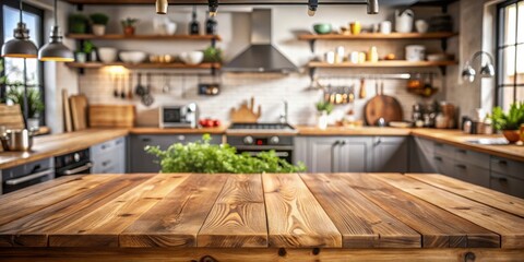 Top view of a wooden table set up for product montage in a blurred kitchen interior setting