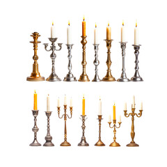 3 highly detailed candelabras with candles isolated on a white background